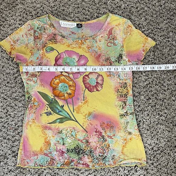 Vtg Yellow Colorful Sheer Mesh Flower Paisley Graphic Baby T Shirt Y2K Fairy M - Picture 8 of 9